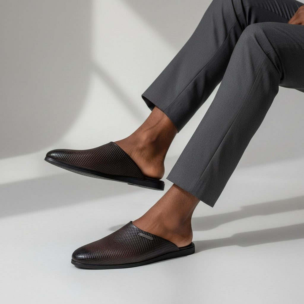 Dark Brown Woven Leather Slip-On Mule