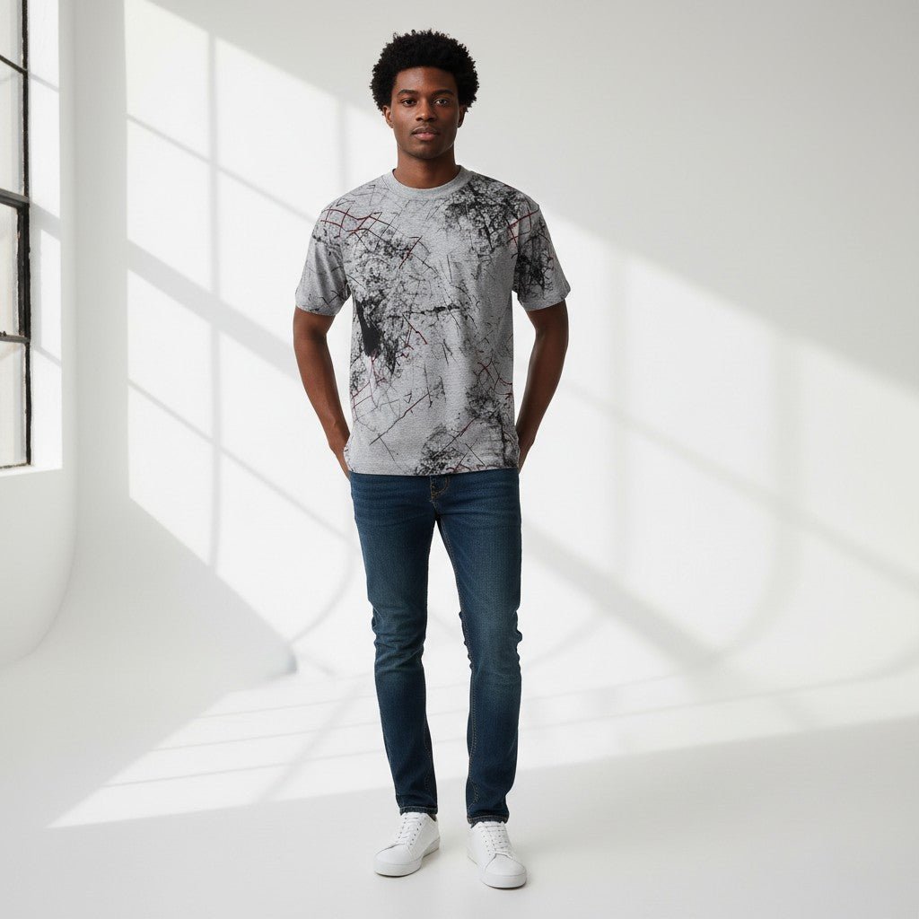 Men's Grey Abstract Print Oversized Round Neck Tee