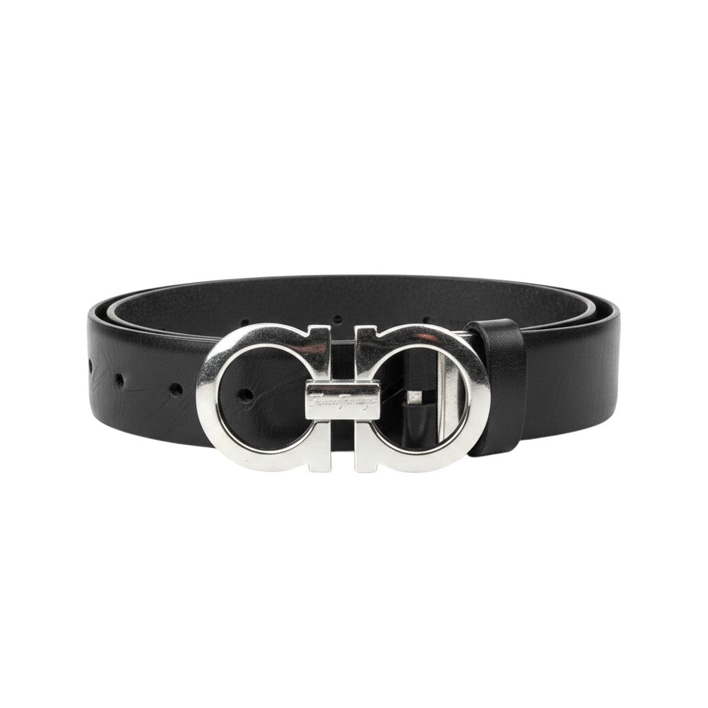 Black Leather Double-Ring Signature Buckle Belt Men's