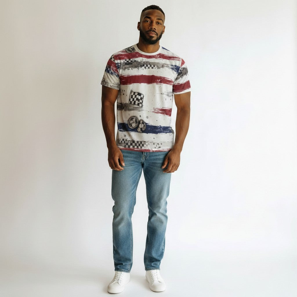 Men's White Checkered Flag Racing Graphic Oversized Tee