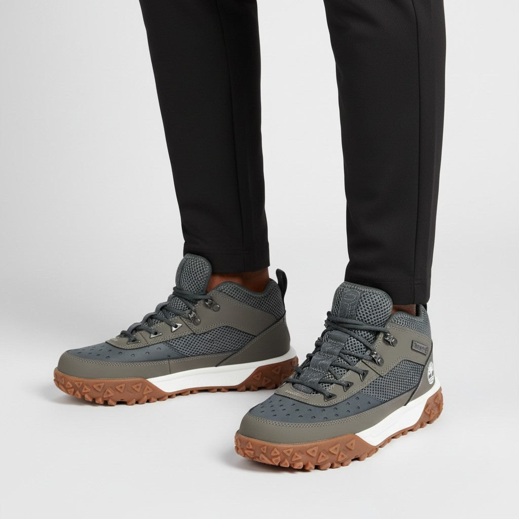 Men's Olive Grey Mid-Top Trail Boots with Mesh Upper and Gum Lug Sole