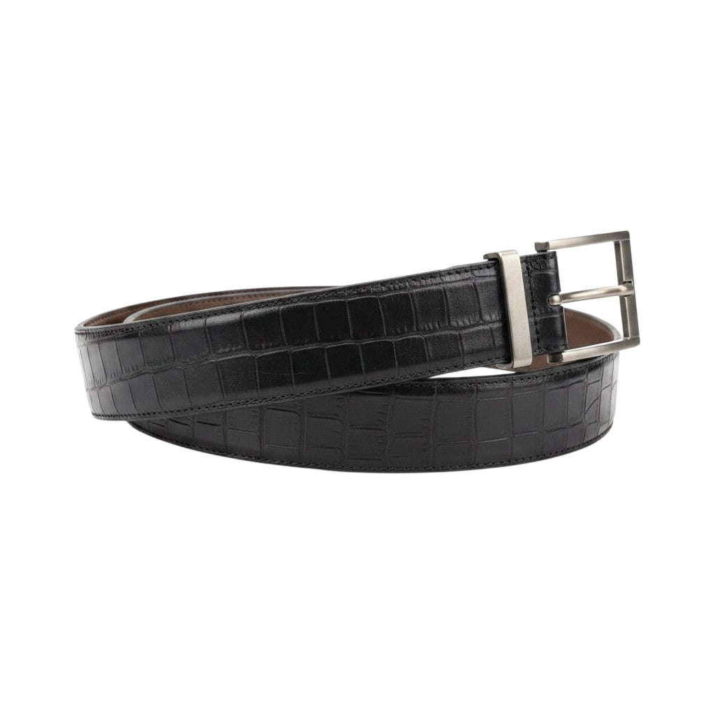 Embossed Patterned Leather Belt Single-Prong Buckle