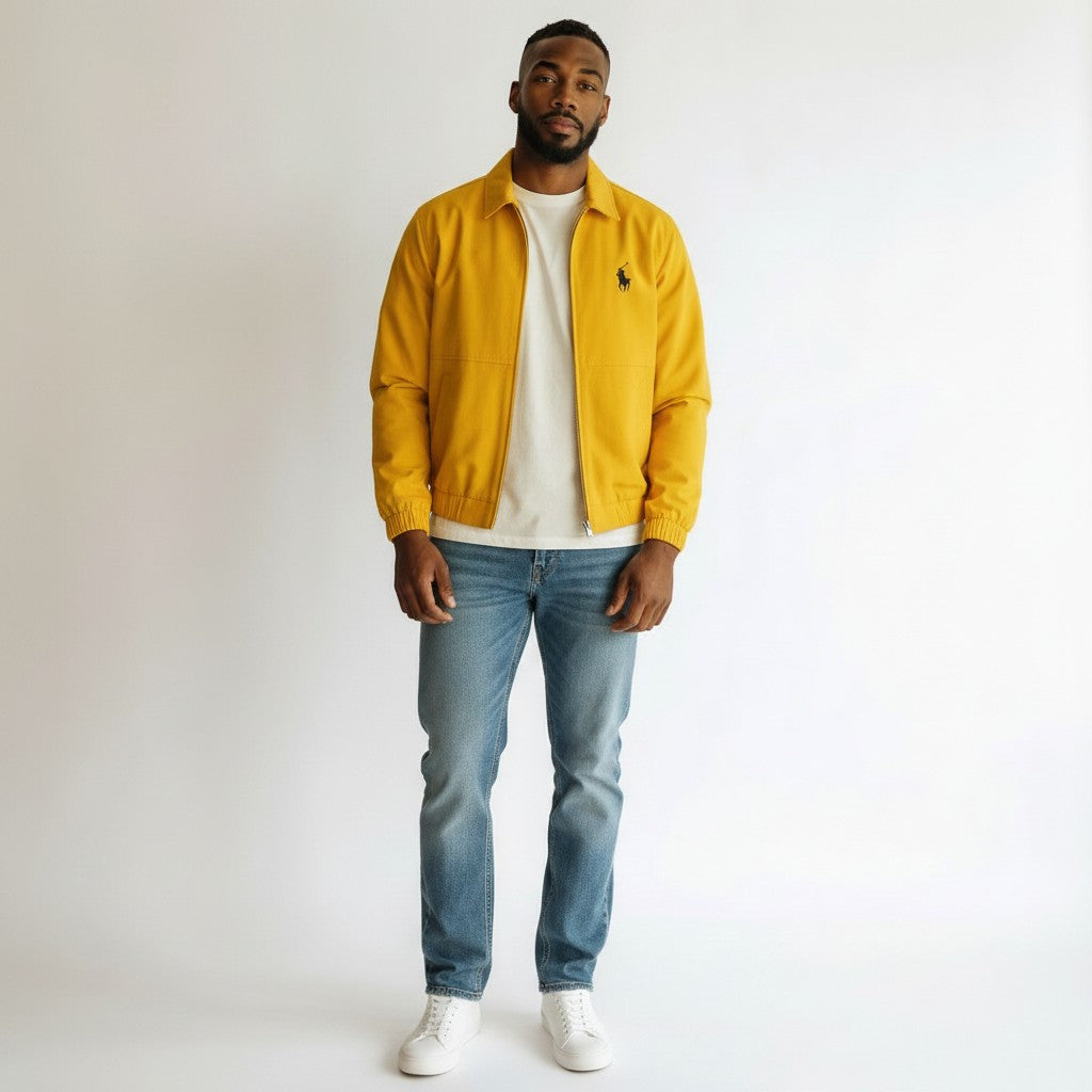 Men's Yellow Equestrian Embroidery Zip-Up Harrington Jacket