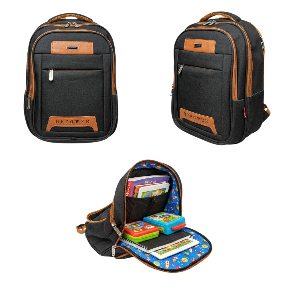 Black Tan Trim Two-Tone Canvas Unisex School Backpack
