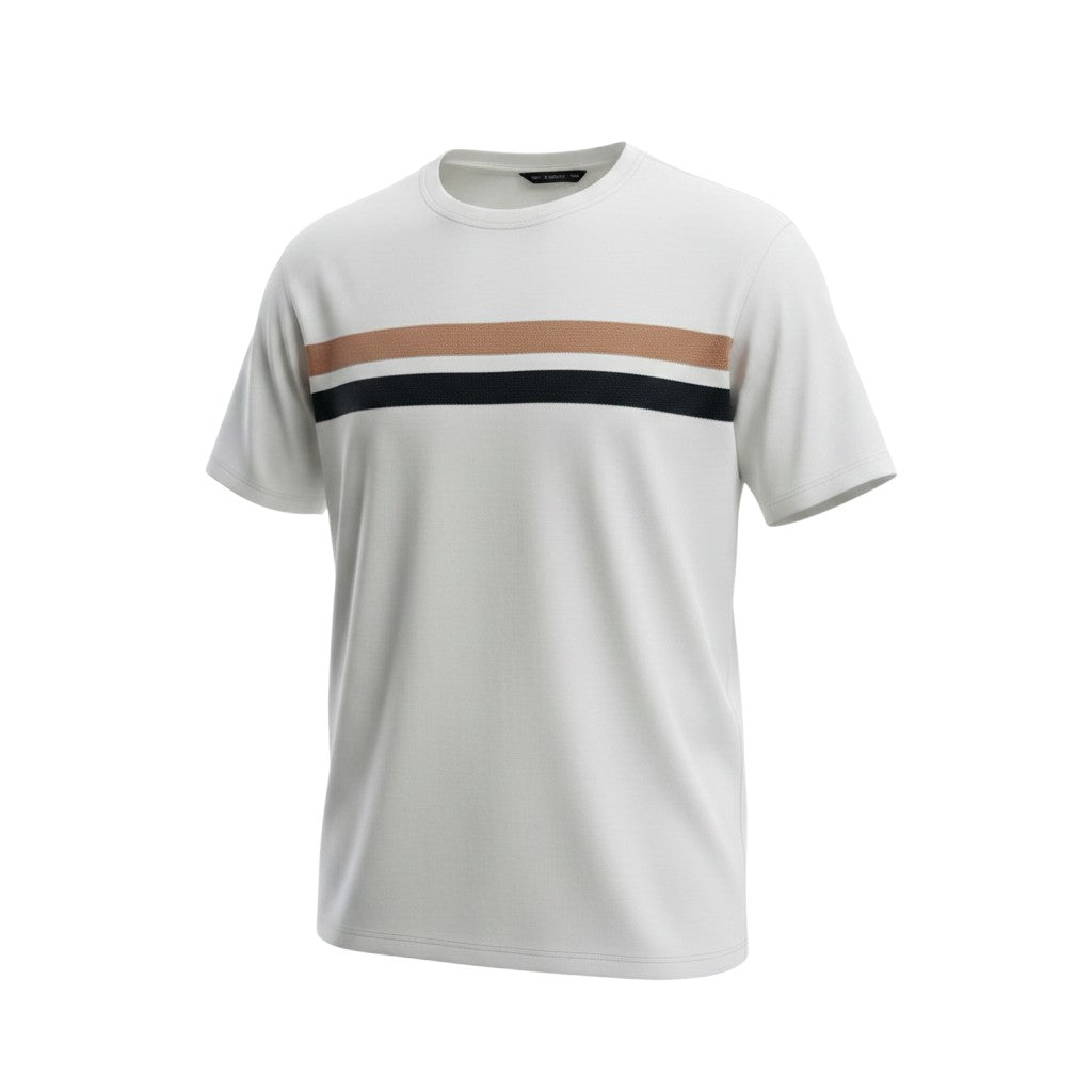 Men's White Oversized Stripe Chest Round Neck T-Shirt