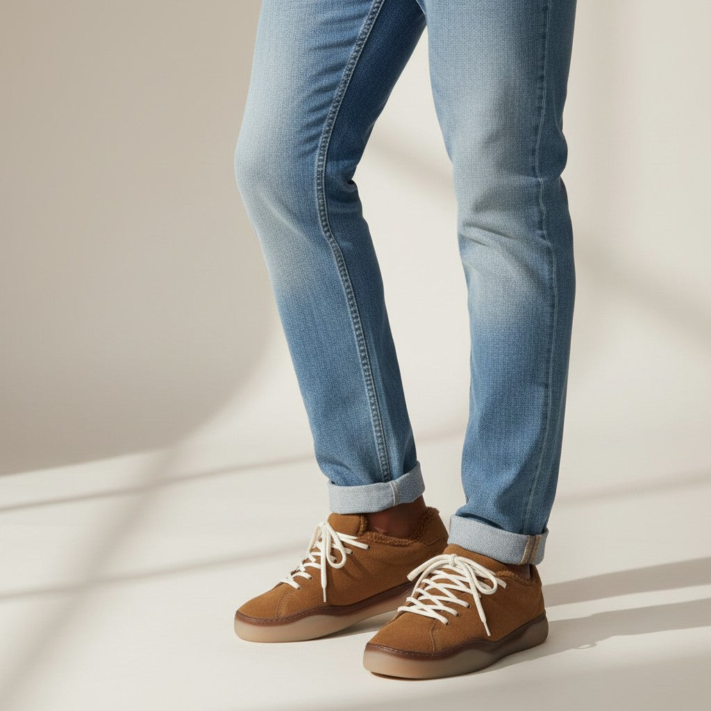 Men's Tan Suede Shearling-Trim Lace-Up Sneakers