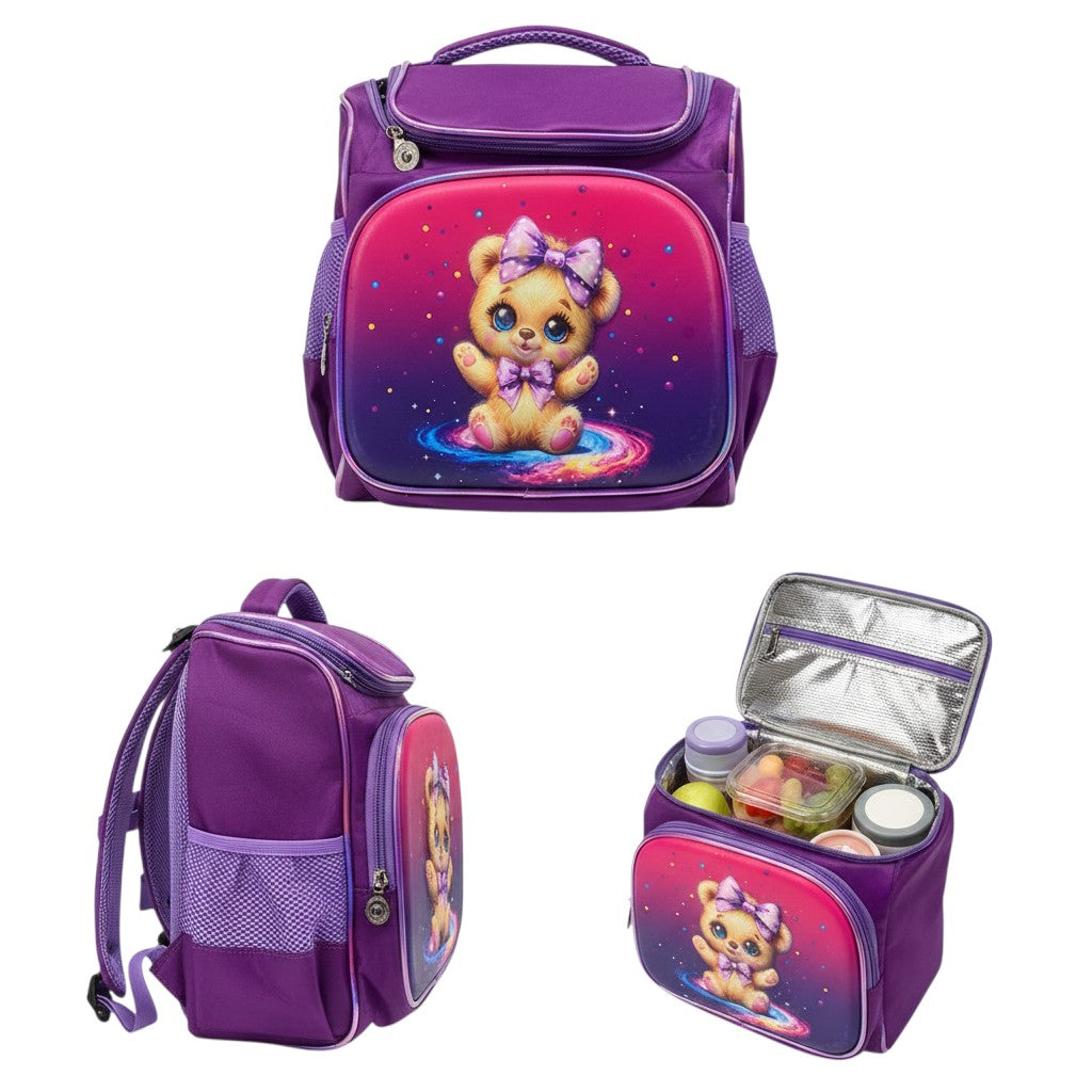 Purple Holographic Galaxy Teddy Bear Kids Lunch Box