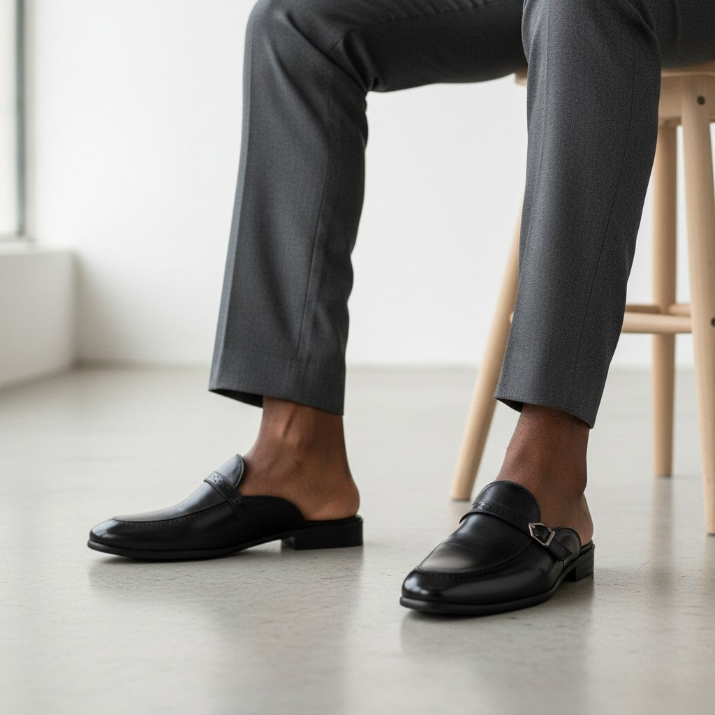 Black Brogue Monk-Strap Leather Mule