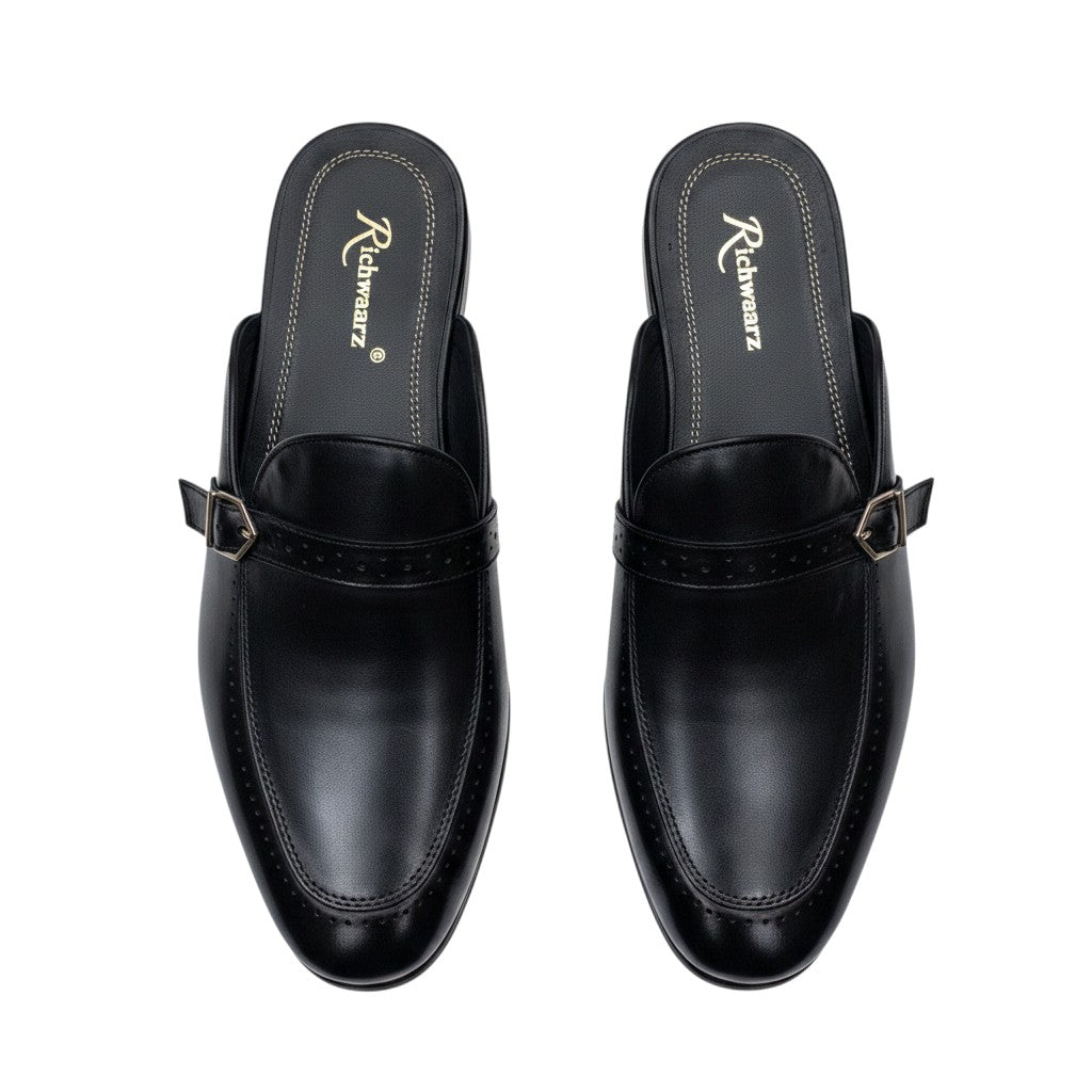 Black Brogue Monk-Strap Leather Mule