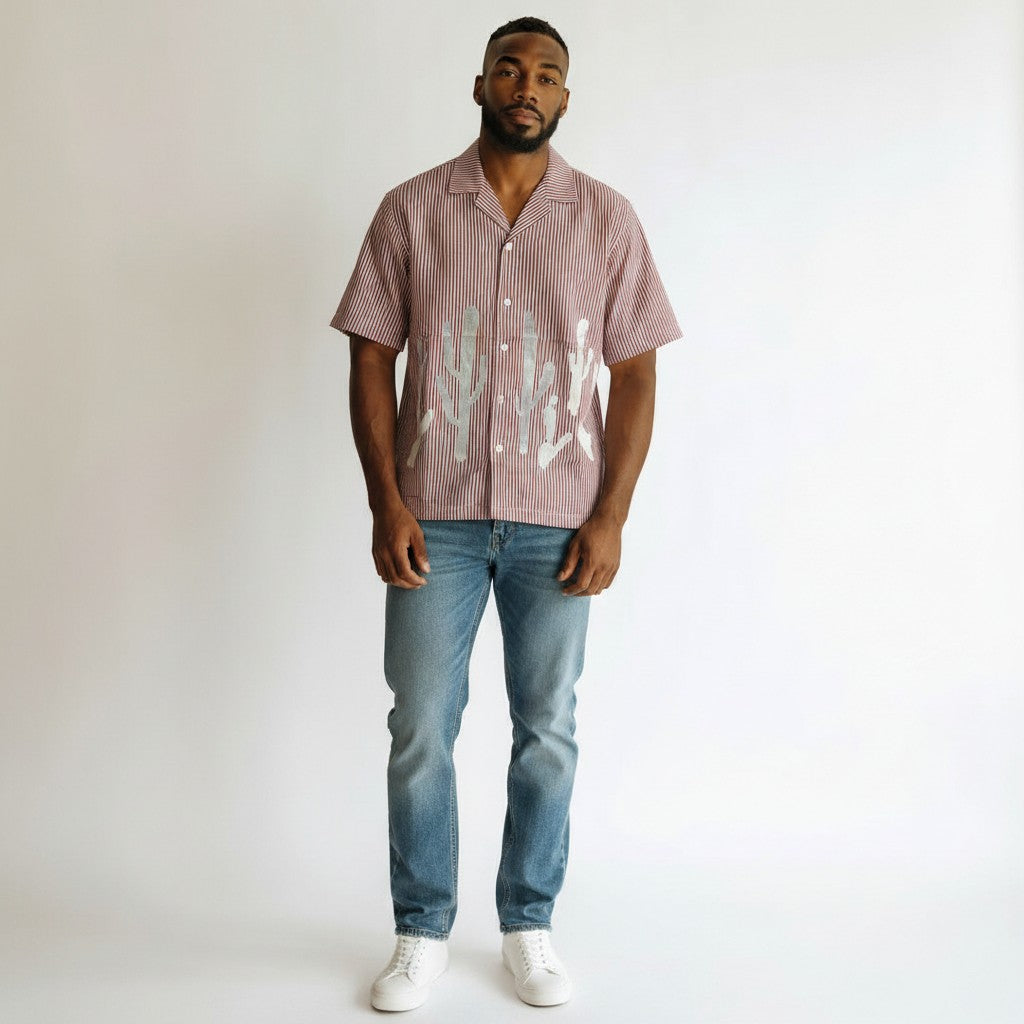 Cactus Print Cuban Collar Shirt – Red Stripe