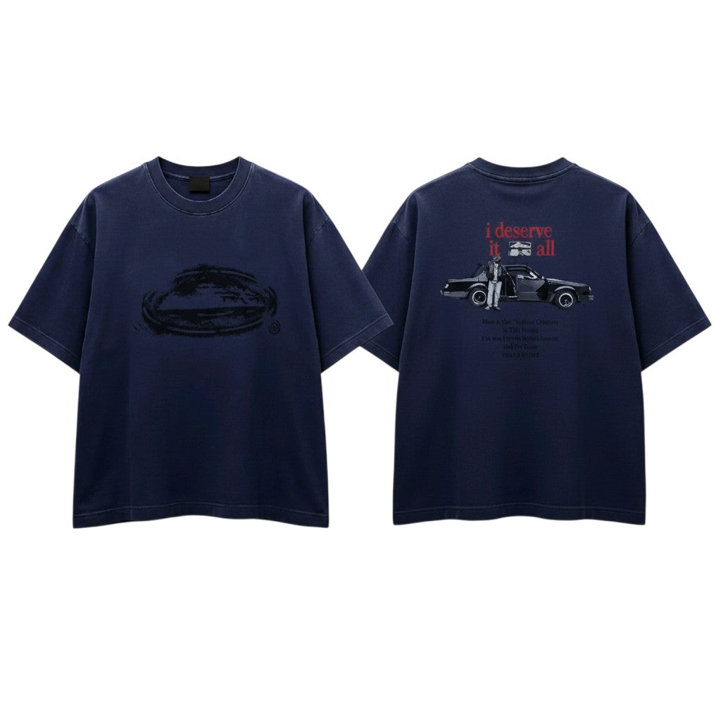 Men's Washed Navy Car Graphic Statement Oversized Tee