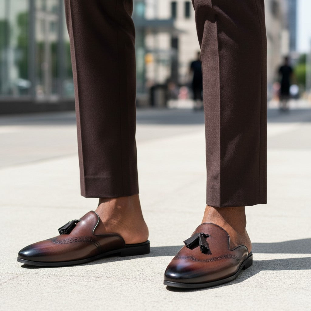 Men's Burgundy/Brown Tassel Brogue Mule Loafer