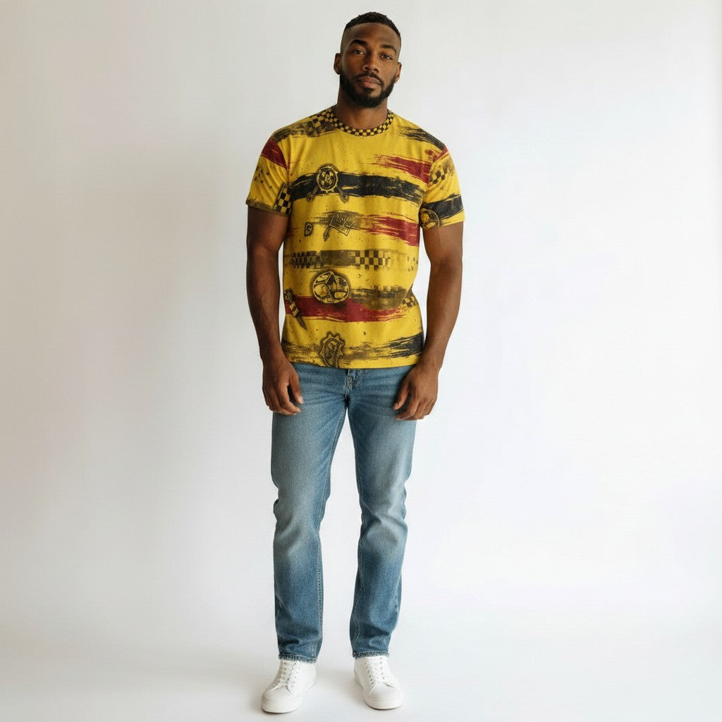 Men's Yellow Racing Graphic All-Over Print Oversized Tee