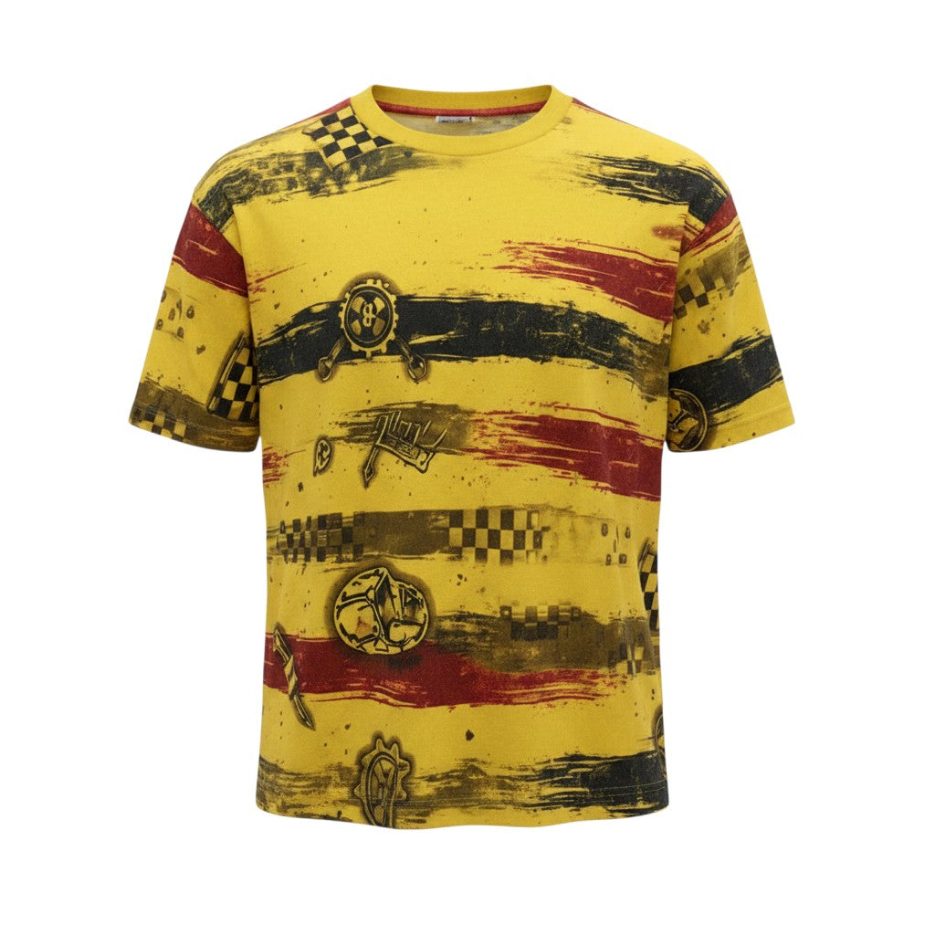 Men's Yellow Racing Graphic All-Over Print Oversized Tee