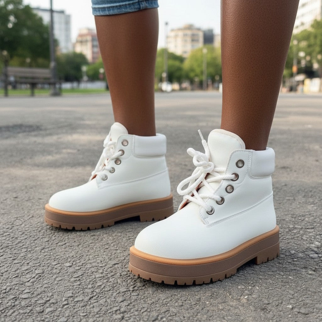 All-White Nubuck Lug-Sole Ankle Boots