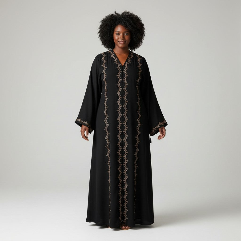 Black Gold Vine Embroidered Abaya