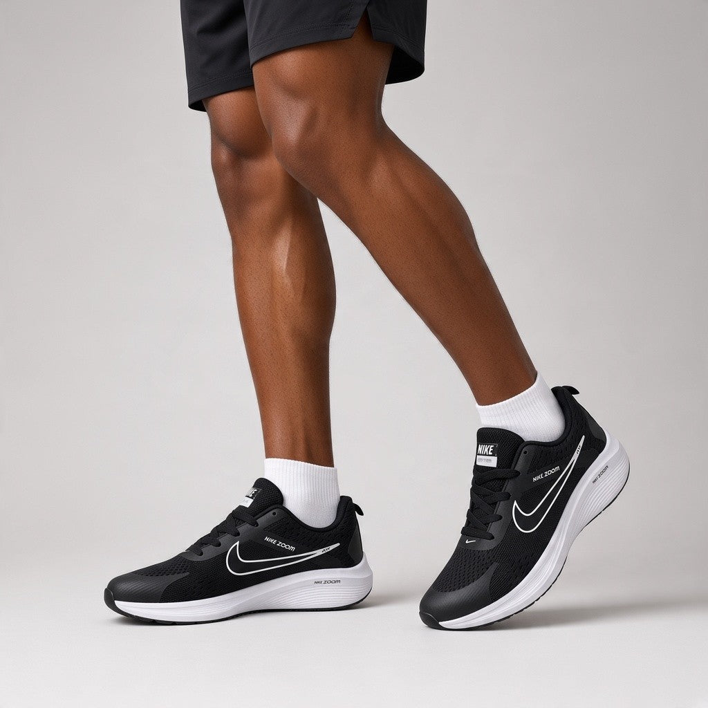 Men’s Black Mesh Lace-Up Sneakers with White Soles