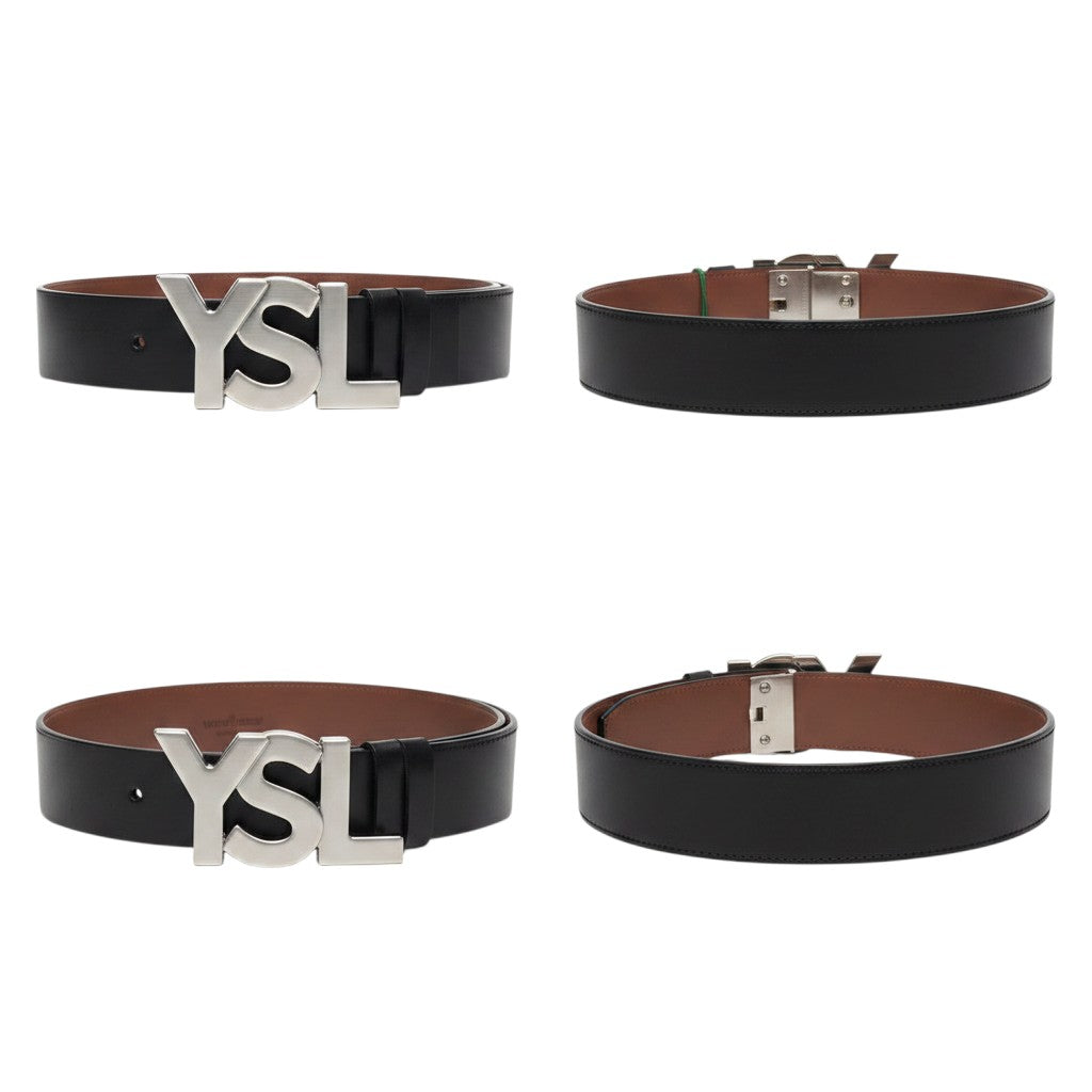 Black Leather Silver Interlocking Logo Buckle Men's Belt