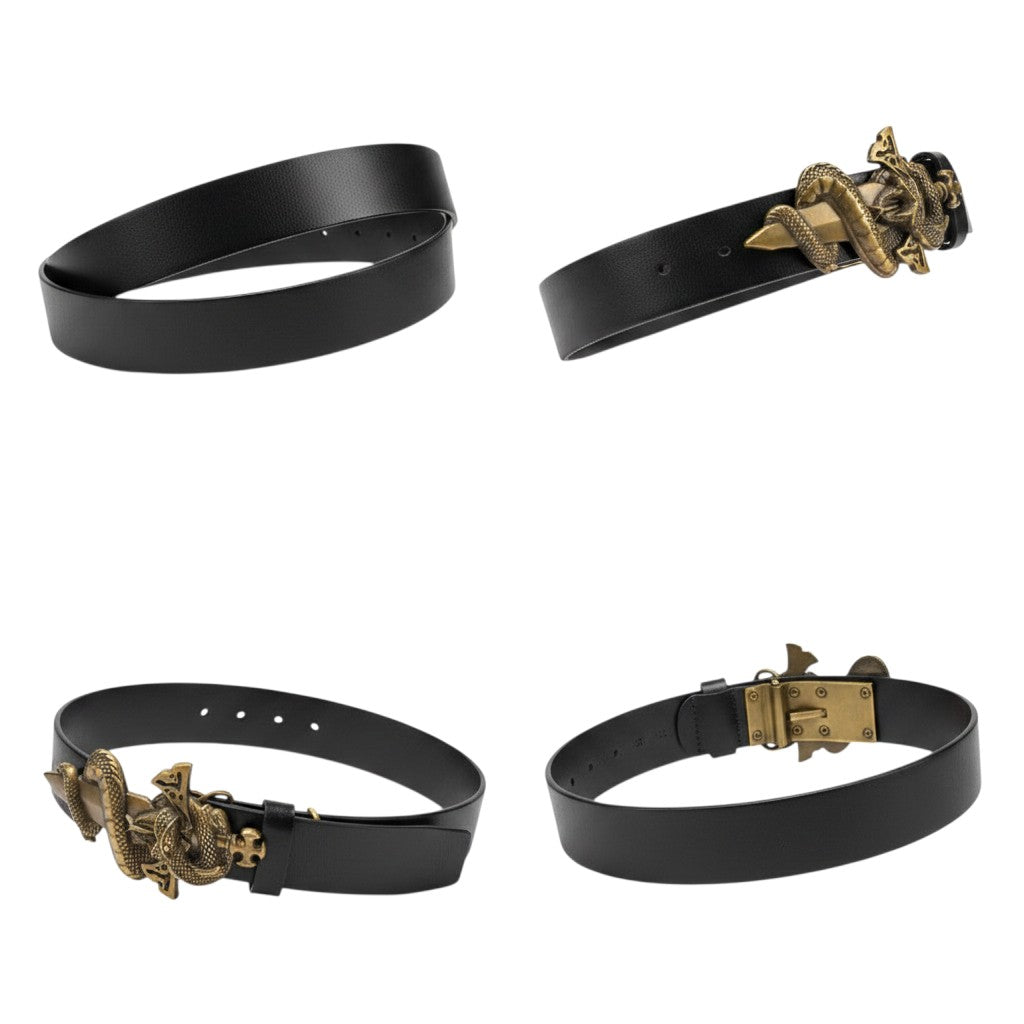 Black Leather Antique Bronze Coiled Serpent Cross Buckle Men's Belt