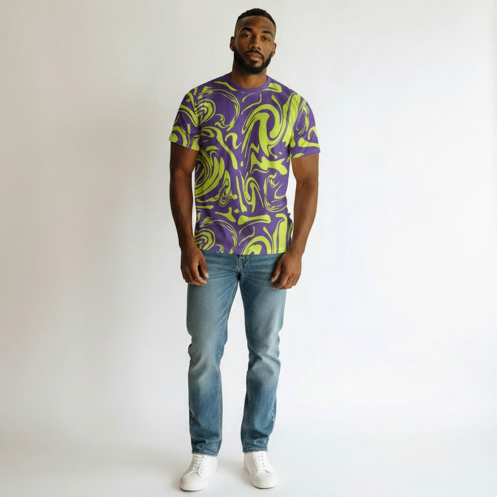 Purple & Neon Yellow Abstract Swirl All-Over Print Tee