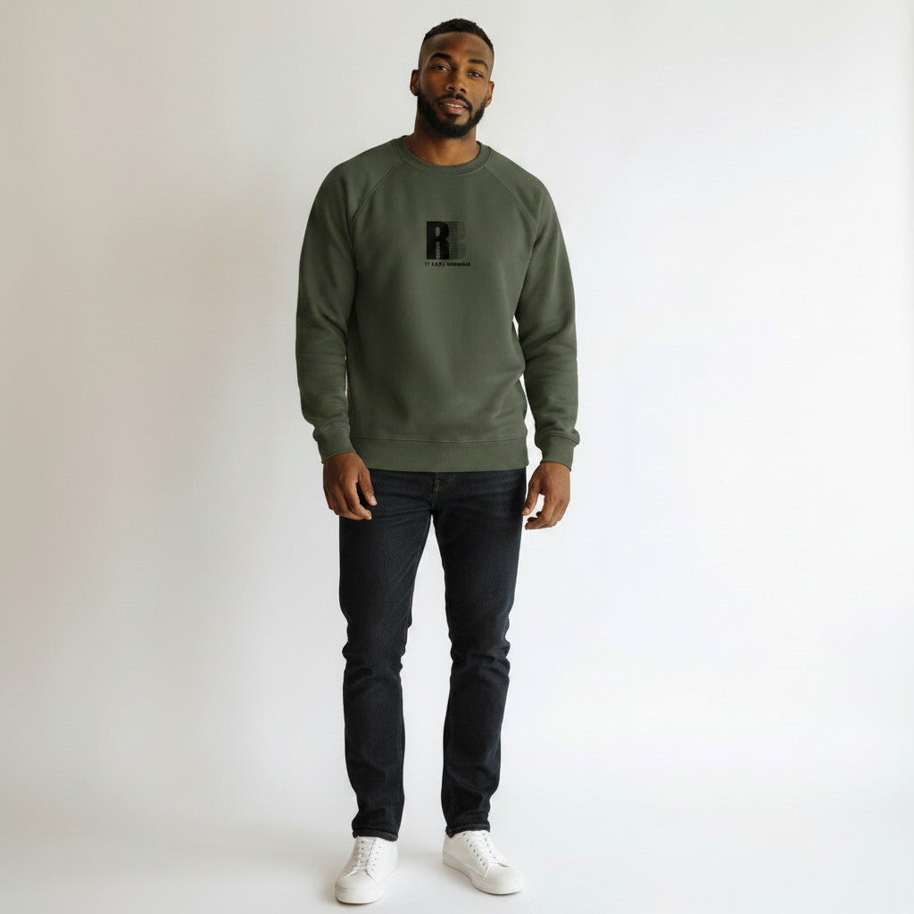 Men's Olive Green Minimal Letter Graphic Crew Neck Sweatshirt