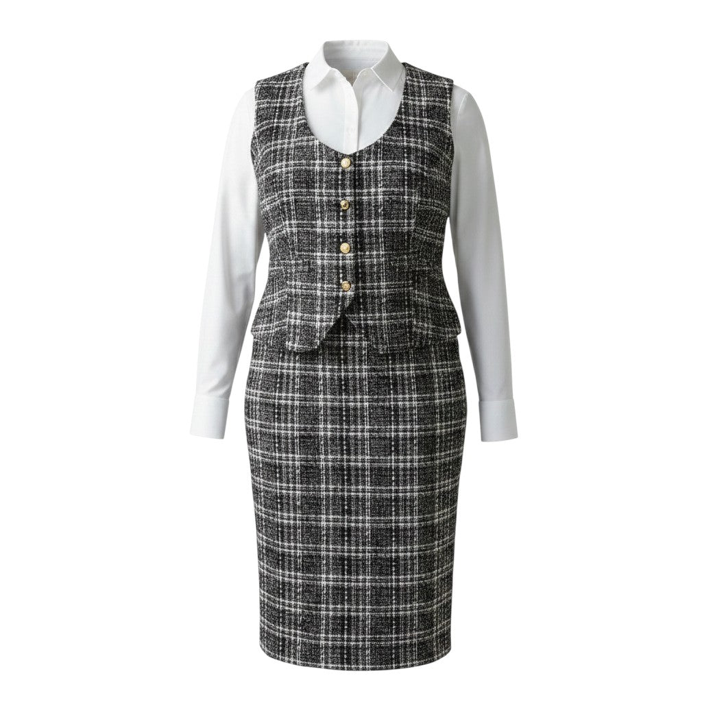 Plaid Check Waistcoat & Pencil Skirt Co-ord – Navy
