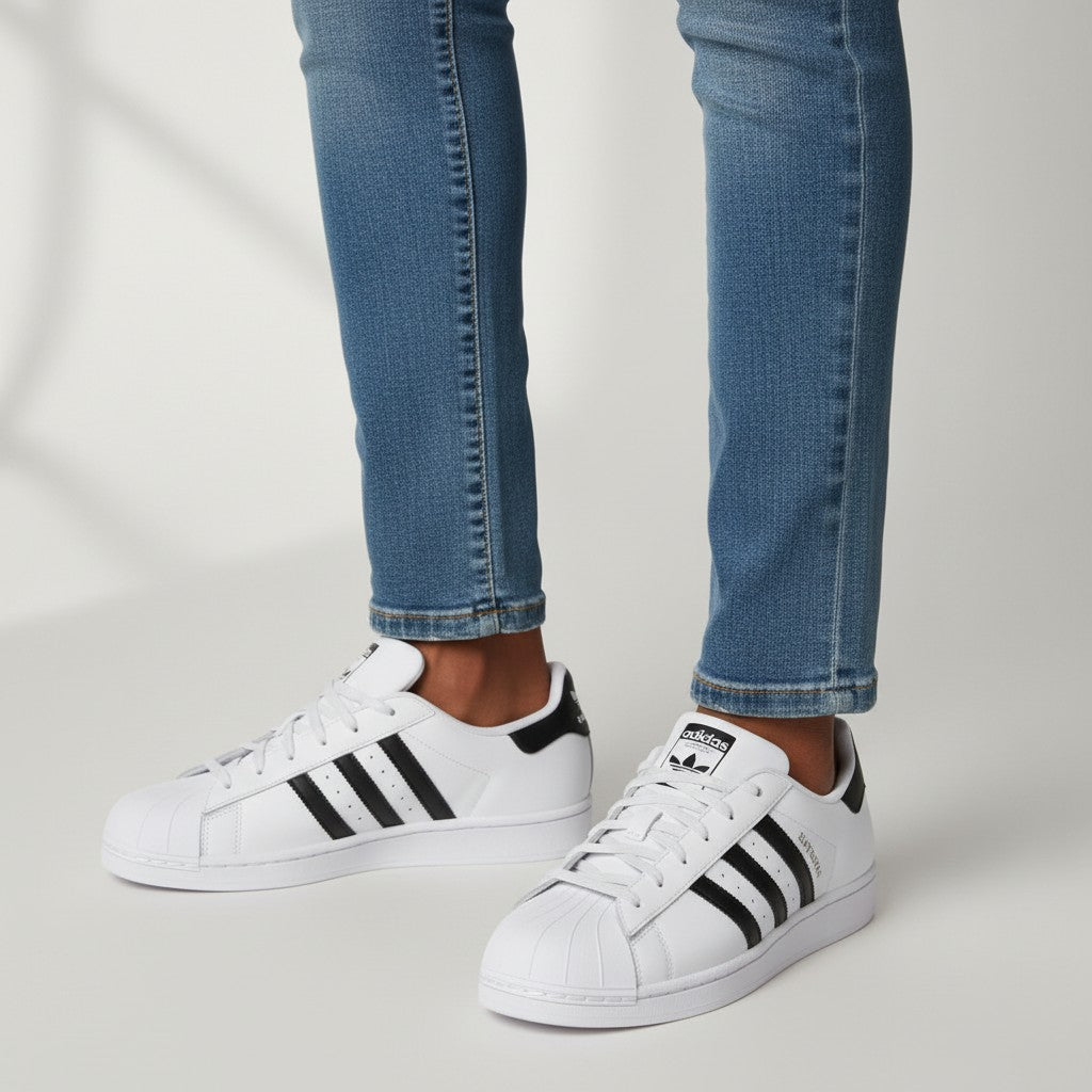 Men's White Low-Top Shell-Toe Sneakers with Black Stripes