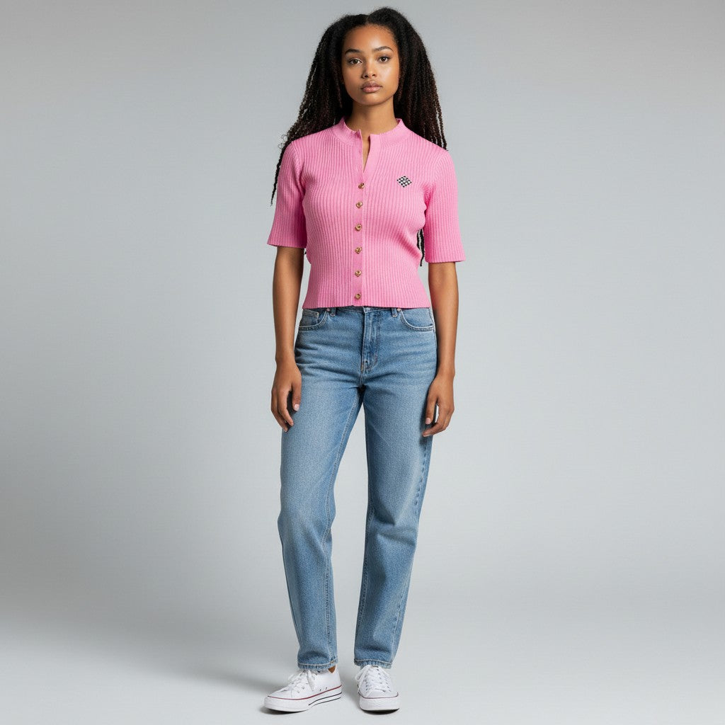 Pink Ribbed Knit Sleeve Jewel Button Front Top
