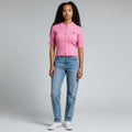 Pink Ribbed Knit Sleeve Jewel Button Front Top