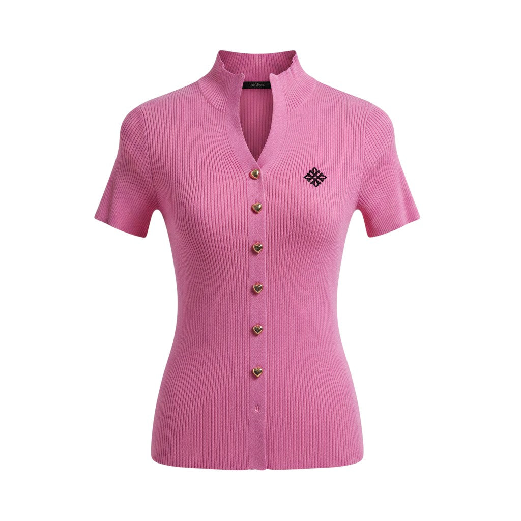 Pink Ribbed Knit Sleeve Jewel Button Front Top