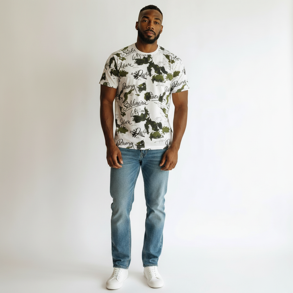 Men's White Camo Script All-Over Print Oversized Tee