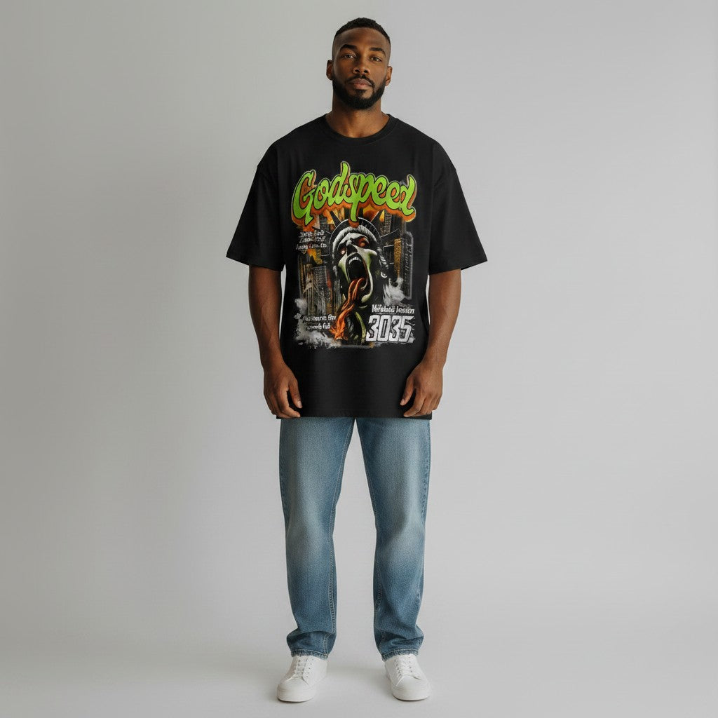 Men's Black Apocalyptic City Graffiti Graphic Oversized Tee