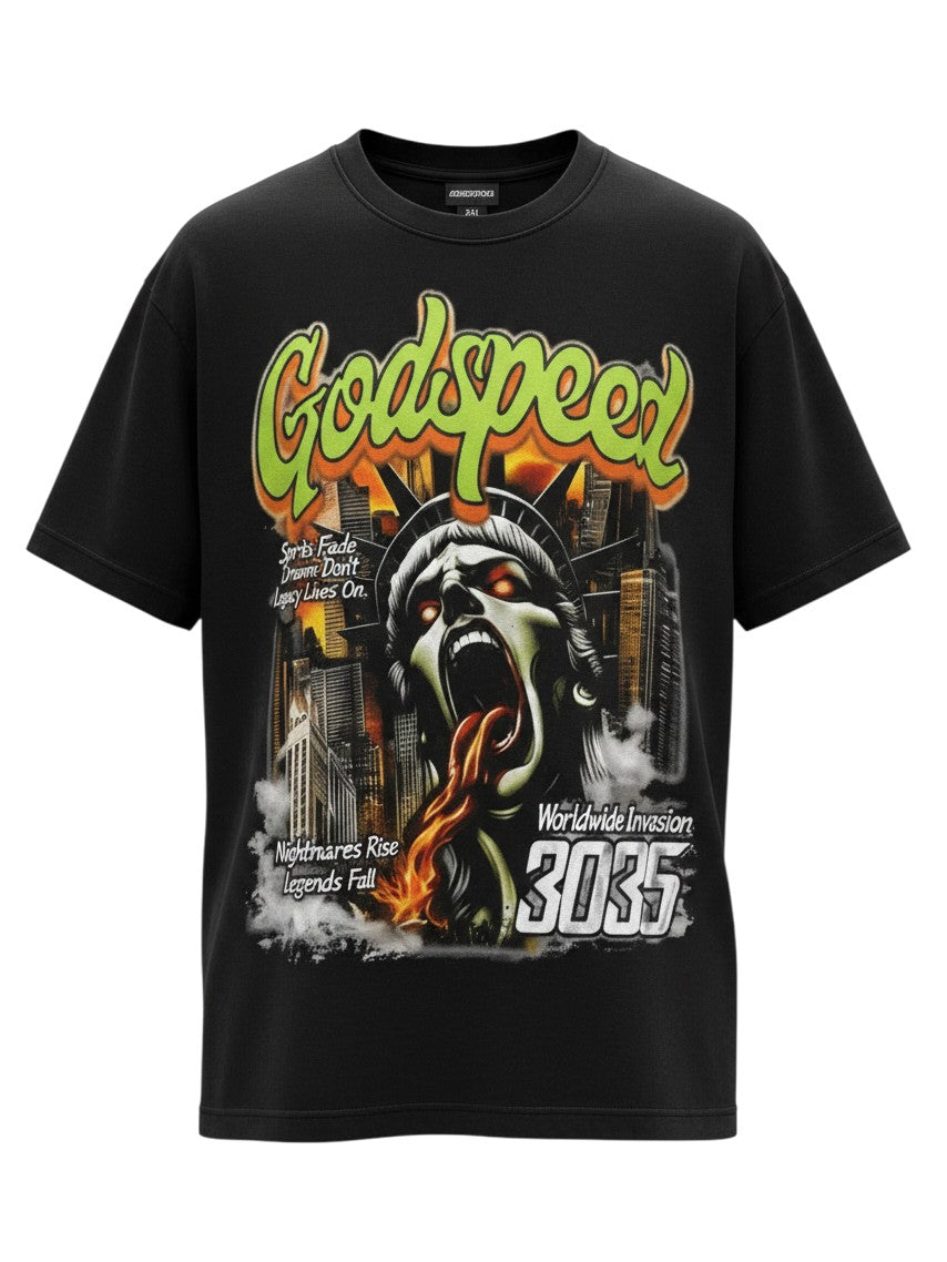 Men's Black Apocalyptic City Graffiti Graphic Oversized Tee