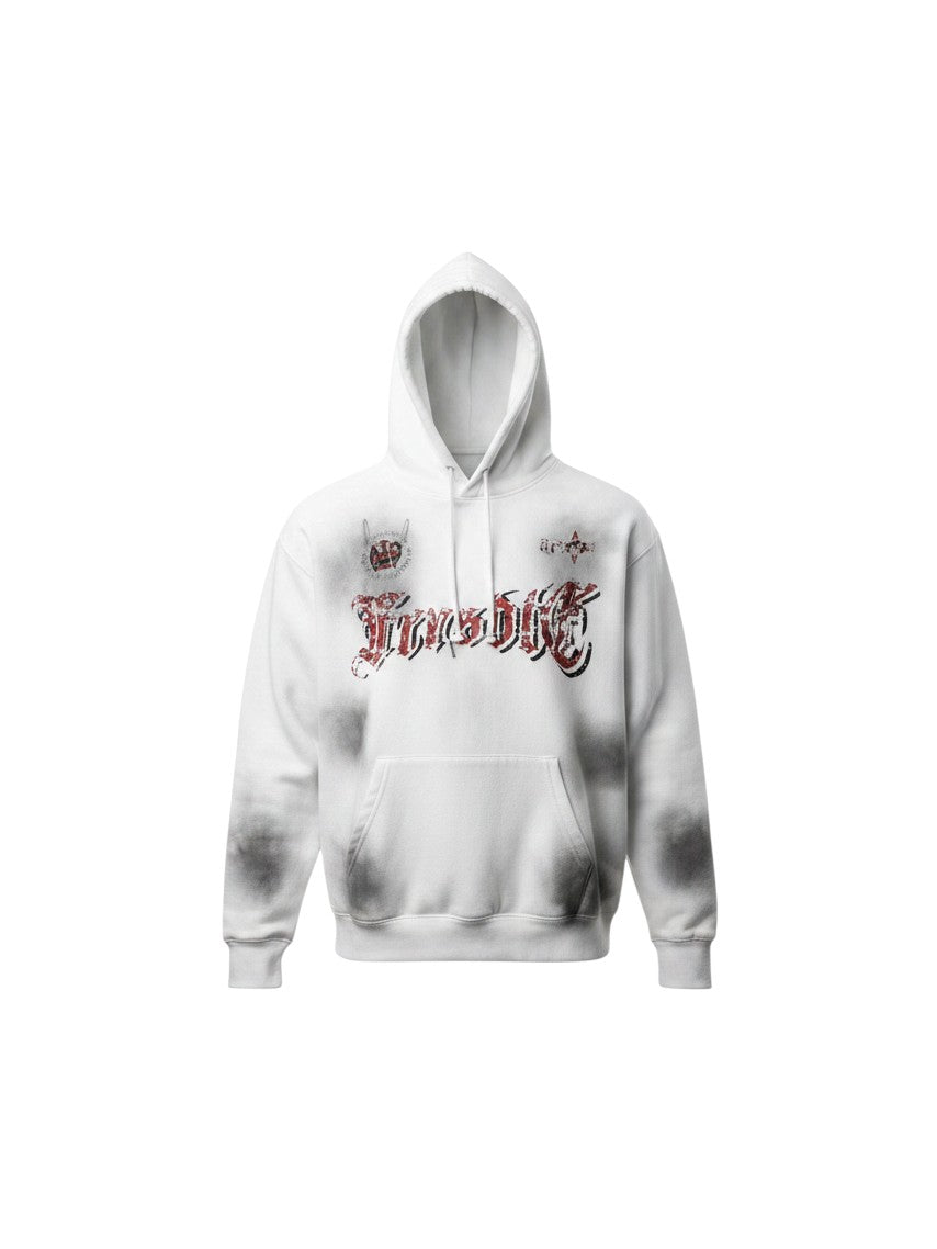 Gothic Script Washed Pullover Hoodie – White