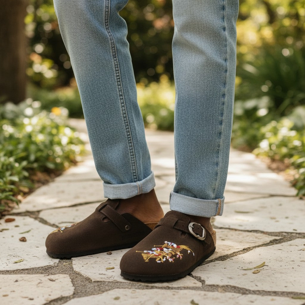 Brown Suede Polo Embroidered Clog Mules