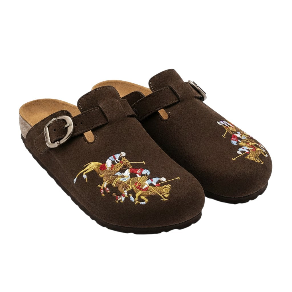 Brown Suede Polo Embroidered Clog Mules