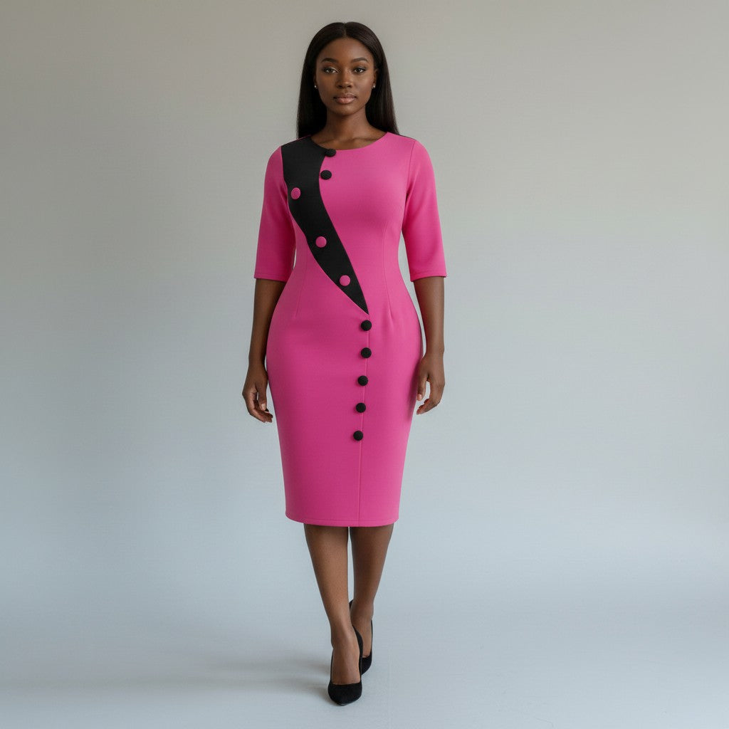 Women's Fuchsia & Black Contrast Panel Bodycon Midi Dress