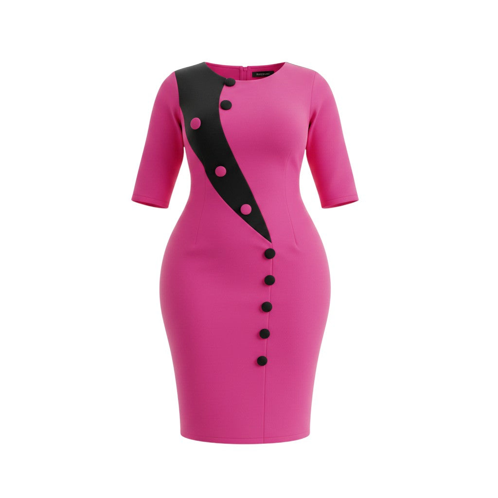 Women's Fuchsia & Black Contrast Panel Bodycon Midi Dress