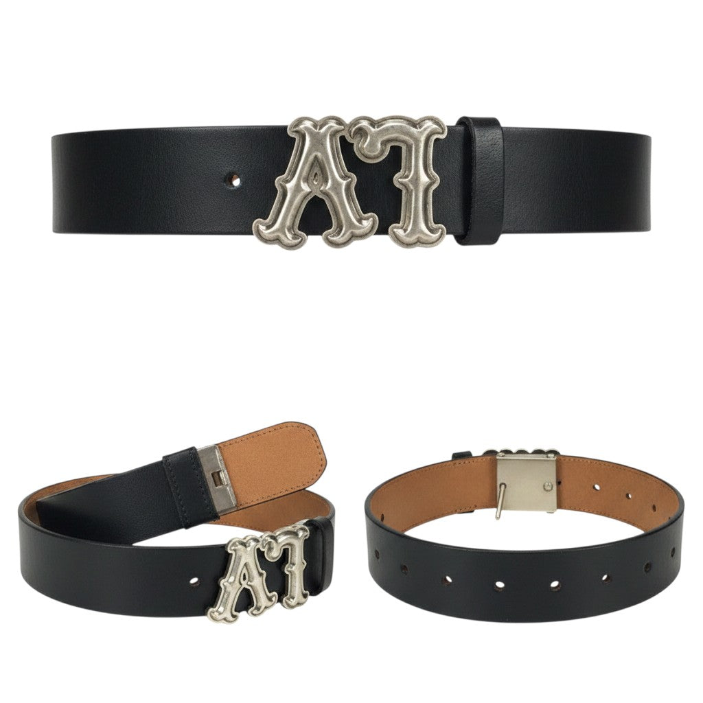 Black Leather Gothic Monogram Buckle Men's Belt