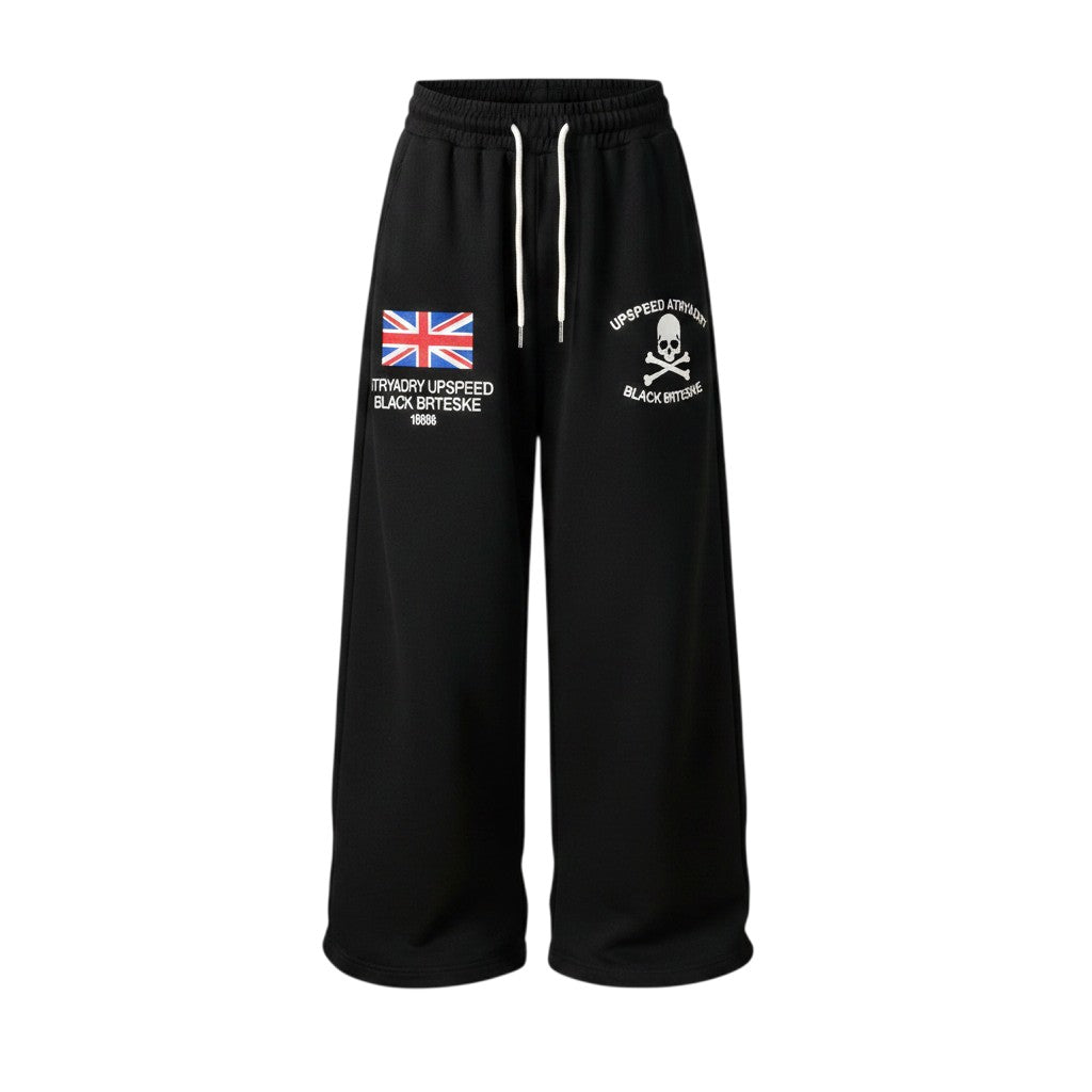 UK Flag Skull Wide-Leg Graphic Joggers