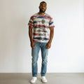 Men's White Racing Stripe Mechanical Print Oversized Tee