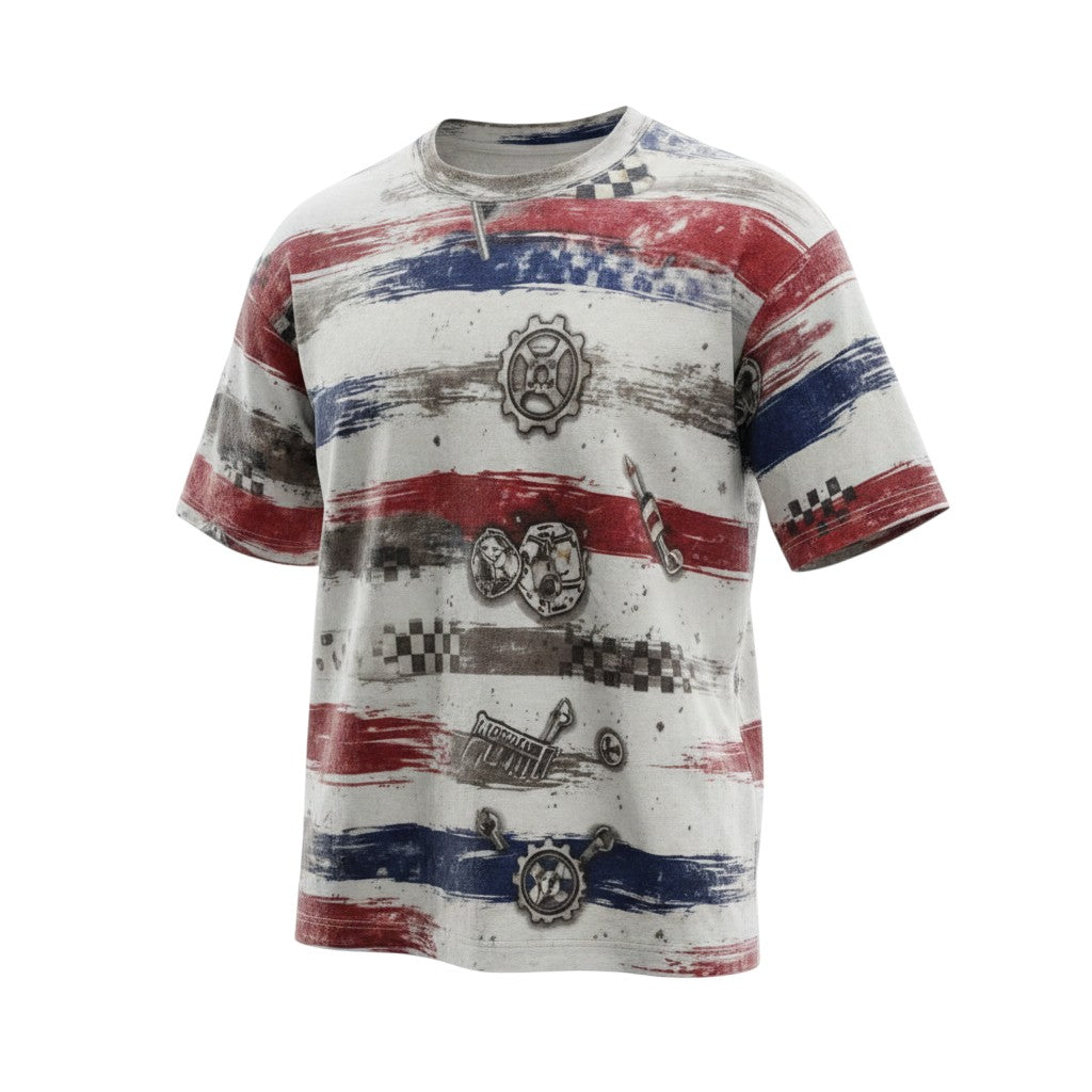 Men's White Racing Stripe Mechanical Print Oversized Tee