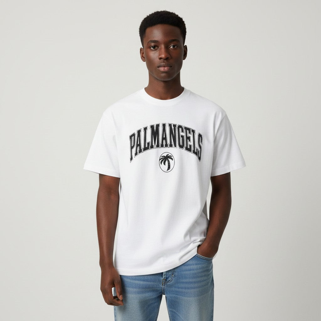 Men's White Collegiate Arch Print Oversized Tee