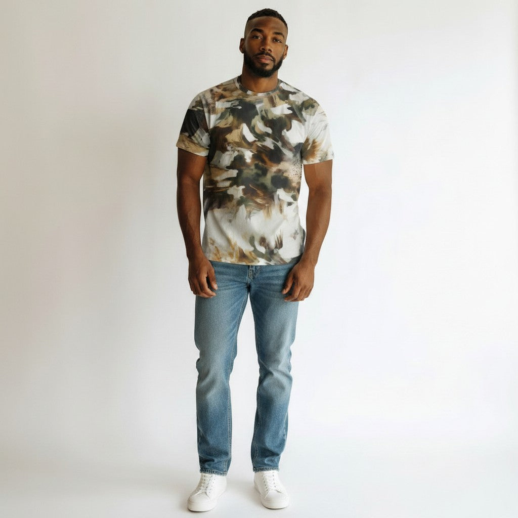 Men's Earthy Ink Wash Camo Print Oversized Round Neck Tee