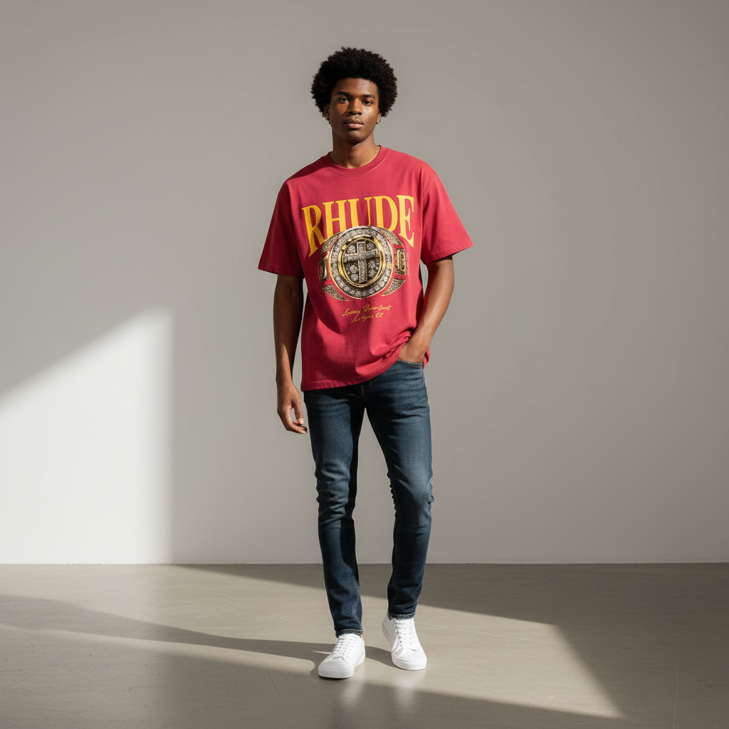 Men's Crimson Gold Medallion Crest Graphic Oversized Tee