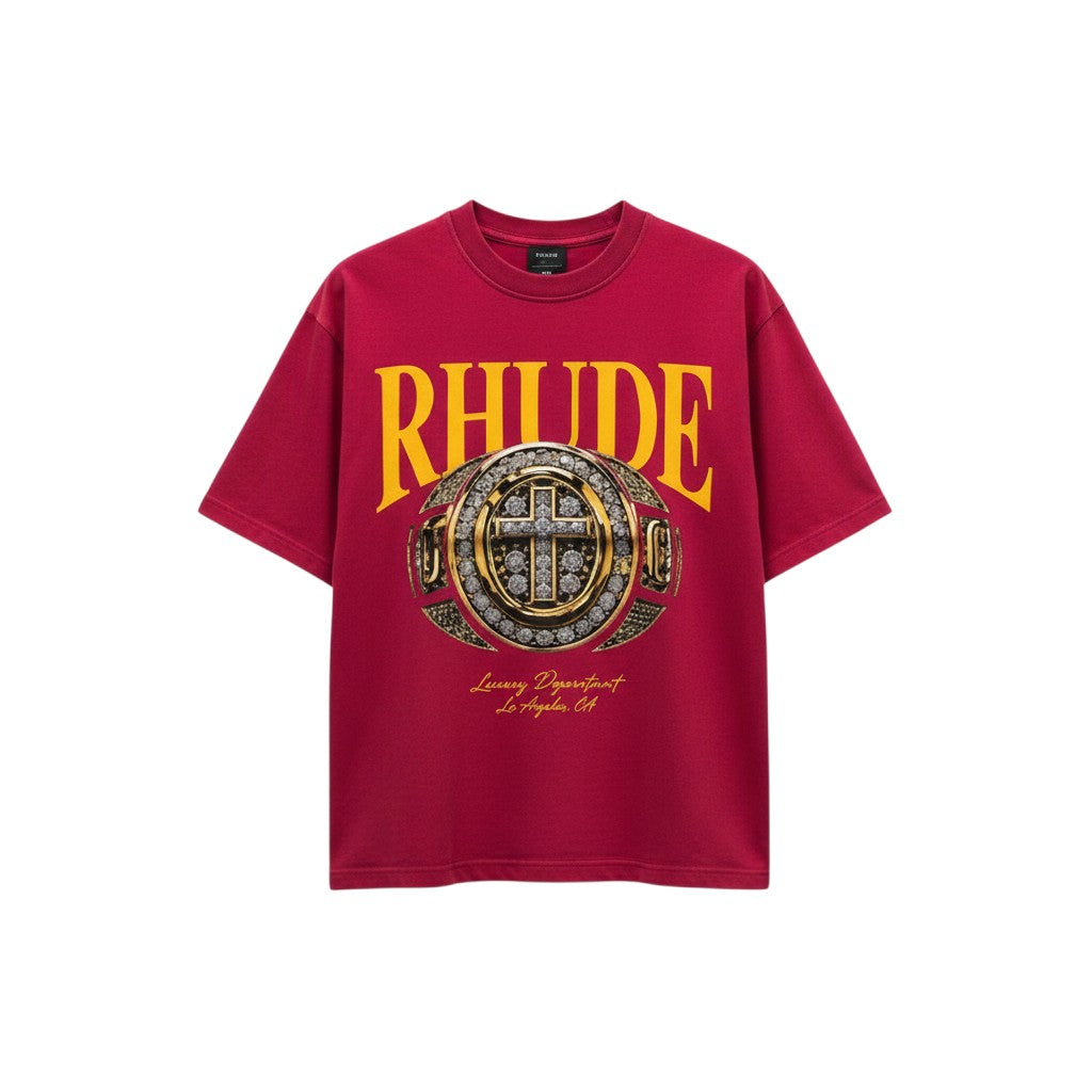 Men's Crimson Gold Medallion Crest Graphic Oversized Tee