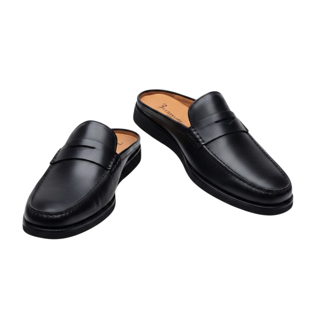 Navy Blue/Black Smooth Leather Penny Mule