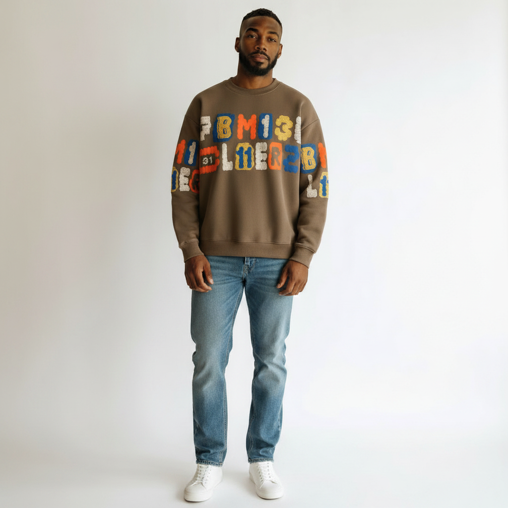 Men's Khaki Multicolour Letter Graphic Crew Neck Sweatshirt