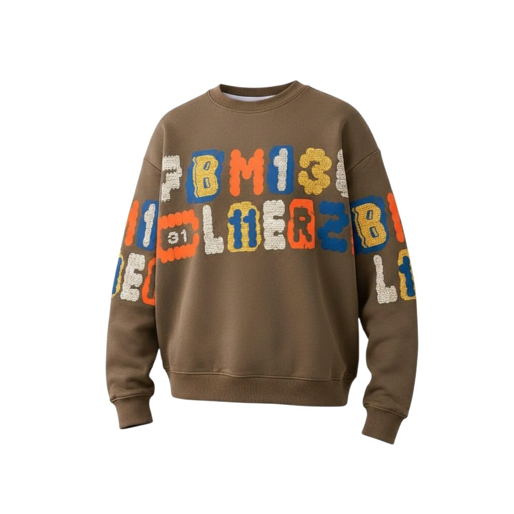 Men's Khaki Multicolour Letter Graphic Crew Neck Sweatshirt