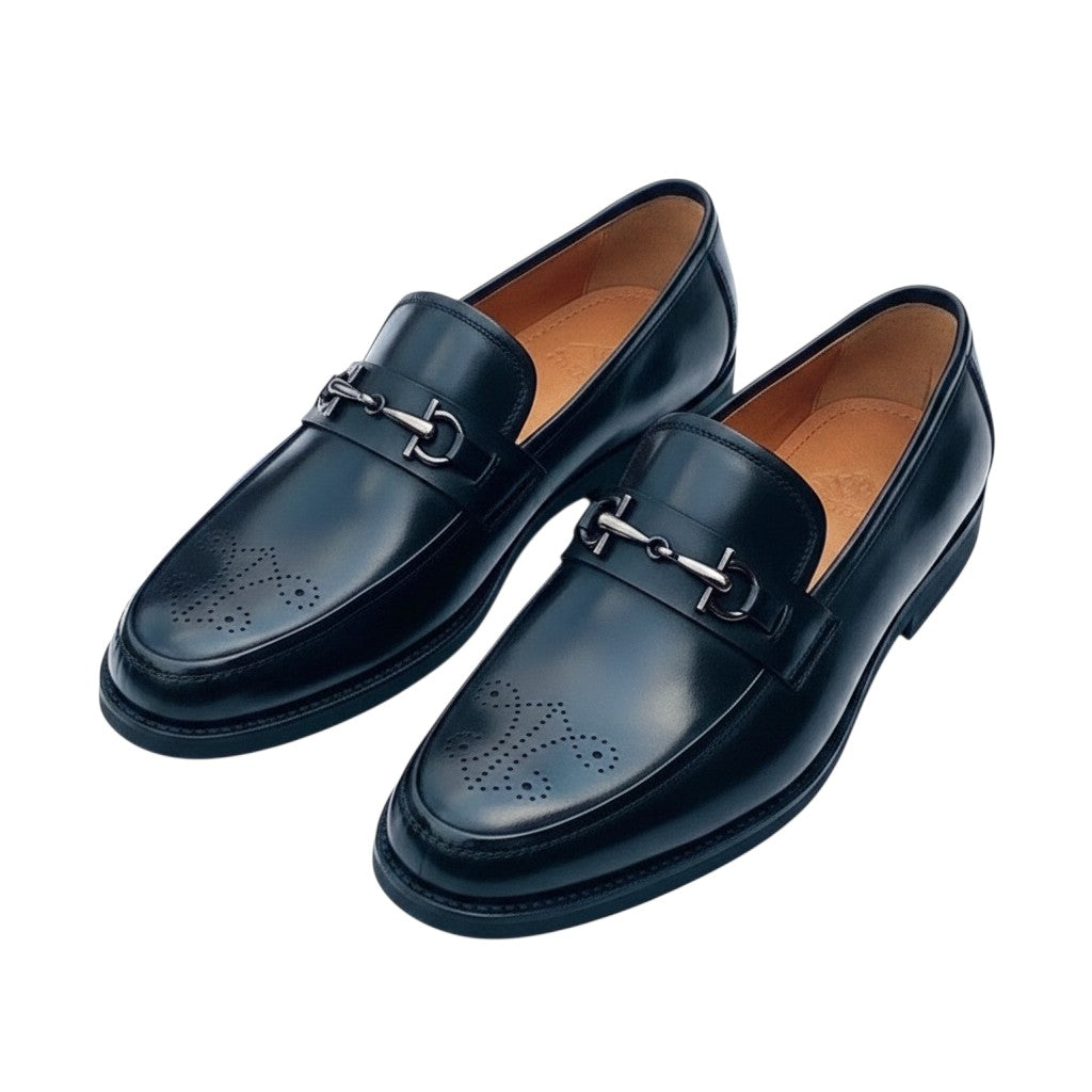 Black Leather Silver Horsebit Brogue Dress Loafer